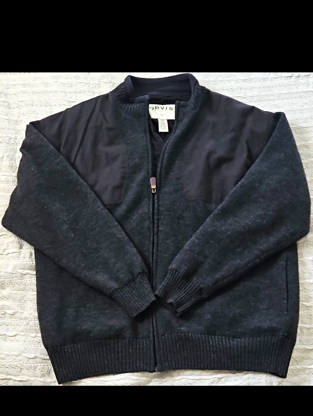 Orvis Men's 2XL Full Zip Mock Neck Knit Wool Sweater Gray Black